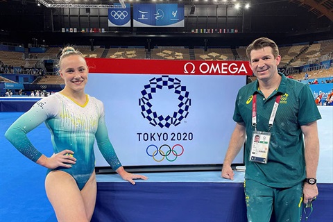 Waverley Gymnastic Centre's Emily Whitehead and her coach John Hart at the Tokyo 2020 Olympic Games
